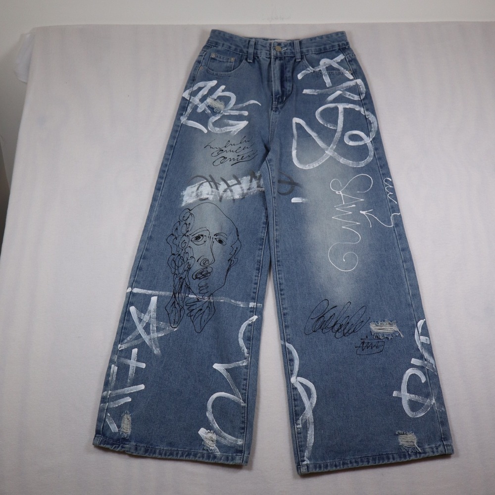 Fluenced Graffiti Wide Leg Denim Jeans Men's Small Streetwear Grunge Alternative